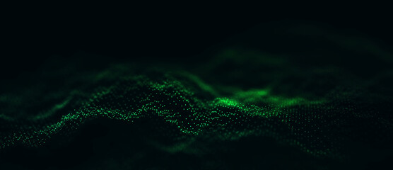 Green dynamic wave of particles. Abstract futuristic background. Big data visualization. 3D rendering.