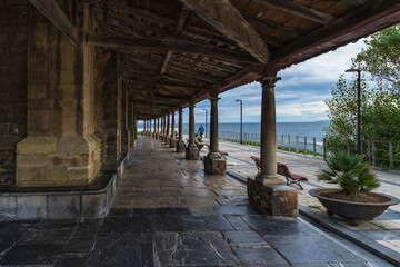Arcades of the church of Santa Maria in the city of Luanco, in Asturias, Spain