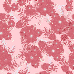 Fototapeta na wymiar Full seamless floral pattern with daisies on a shiny red background. Vector for textile fabric print. Great design for fabrics, wrapping, textures, backgrounds.