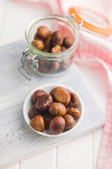Peeled chestnuts. Sweet roasted chestnuts in bowl.