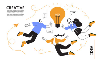 Vector illustration. people moving around a bulb, a metaphor for the birth of a creative idea. Team thinking and brainstorming. Business concept analysis. graphic design idea of project activity © FoxyImage