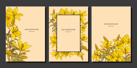 Set of floral template with yellow lilies on beige background. Vertical poster with vintage lily flower