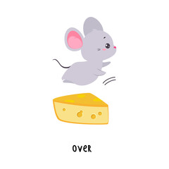 Little Mouse Jumping Over Yellow Cheese as English Language Preposition for Educational Activity Vector Illustration