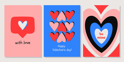 Valentine's Day greeting card set. Hand drawn trendy cartoon heart, love lettering. Vector illustration - obrazy, fototapety, plakaty