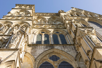 Salisbury Wiltshire, uk, 10, October, 2022 West Front of Salisbury Cathedral, from below different perspective, showing the intricate stone work
