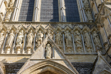 Salisbury Wiltshire, uk, 10, October, 2022 close up detail of The ornate exterior of the historic Salisbury Cathedral in Wiltshire, UK.