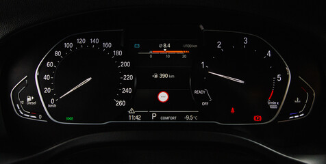 Modern digital car mileage. Car dashboard with sensors and information. RPM, Fuel indicator and...