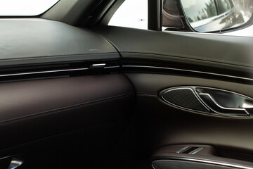 Plakat Modern car leather interior details with stitch. Car interior details.