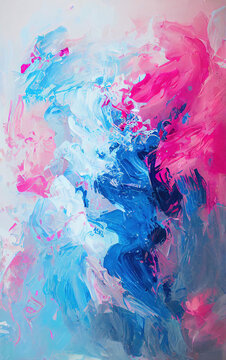 Blue and Pink Abstract painting, thick oil painting splashes with Palette knife on canvas board