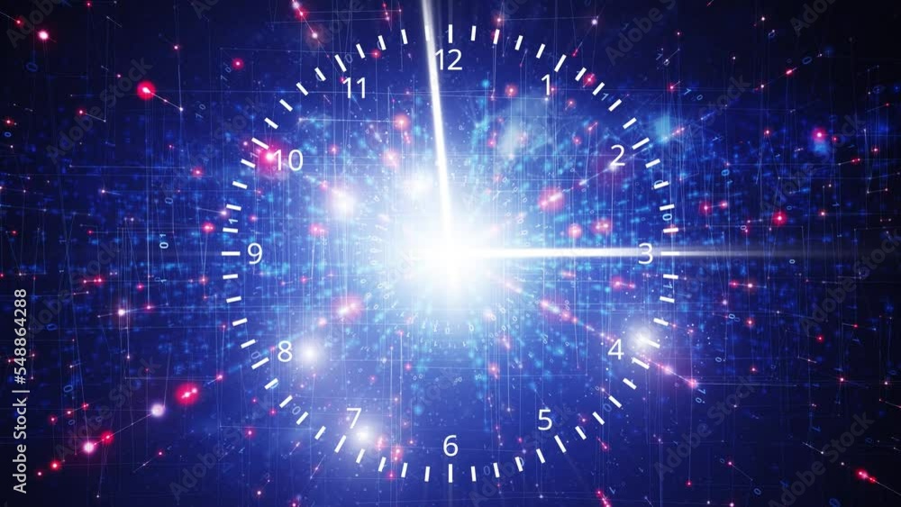 Poster infinity technology and science time looping clock on artistic glowing light animation background.