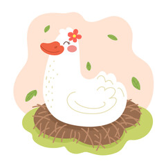 Happy mama goose on the nest, cartoon character. Vector illustration.