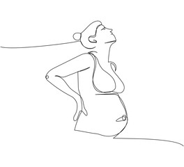 Pregnant woman, hands on the lower back one line art. Continuous line drawing of pregnancy, motherhood, preparation for childbirth, pregnancy pain, late pregnancy.