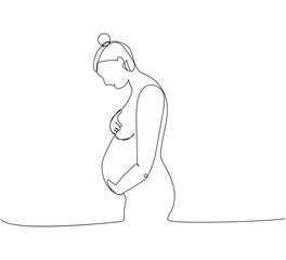 Pregnant woman holding her belly one line art. Continuous line drawing of pregnancy, motherhood, preparation for childbirth, preparation for motherhood, tenderness.