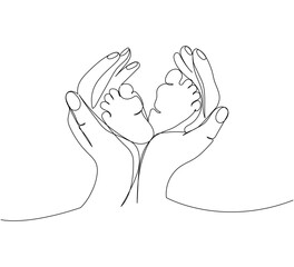 Fototapeta premium Mom s hands hold the legs of a newborn one line art. Continuous line drawing of motherhood, family, endless love, child, mother s day, baby feet, tenderness.