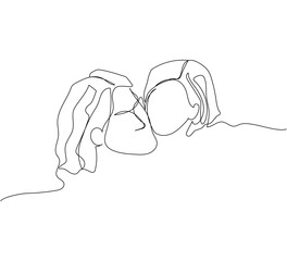 Daughter kissing mom one line art. Continuous line drawing of motherhood, family, love, child, childhood, mother s day, unity.