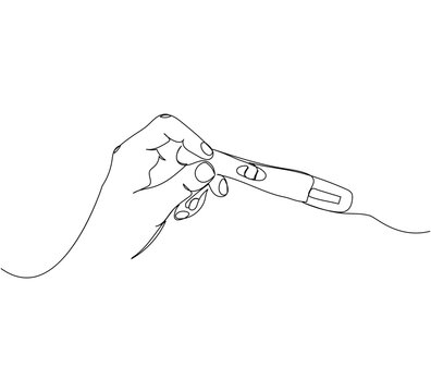 recommend clip art: Woman holding a pregnancy test in her left hand one line art. Continuous line drawing of pregnancy, testing, analysis, ovulation, happy news, positive result, child, motherhood.