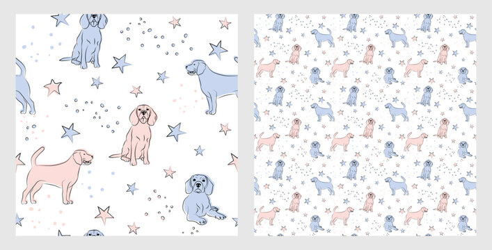 Pattern design with funny Beagle dogs doodles, seamless pattern. T-shirt textile, wrapping paper, blue background graphic design. Wallpaper for Babies and kids. Blue and Pink linen style. Stars.