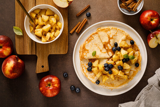 Crepes with caramelized cinnamon apples, top view
