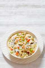 Turkey Wild Rice Soup in bowl, top view