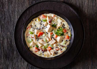 Turkey Wild Rice Soup in bowl, top view