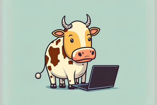 Cute Cow Working On Laptop Cartoon 2D Illustrated Icon Illustration. Animal Technology Icon Concept Isolated Premium 2D Illustrated. Flat Cartoon Style
