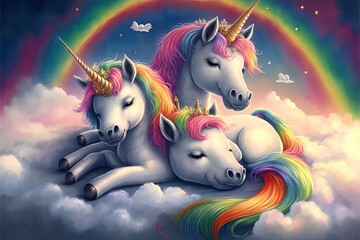 Cute Unicorns Lying On A Cloud With Rainbow