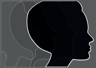 a sign of several female silhouettes in profile. vector on gray isolated background. turn. number. diversity young women for poster or text. elegant background as well.