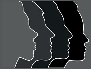 a sign of several female silhouettes in profile. vector on gray isolated background. turn. number. diversity young women for poster or text. elegant background as well.