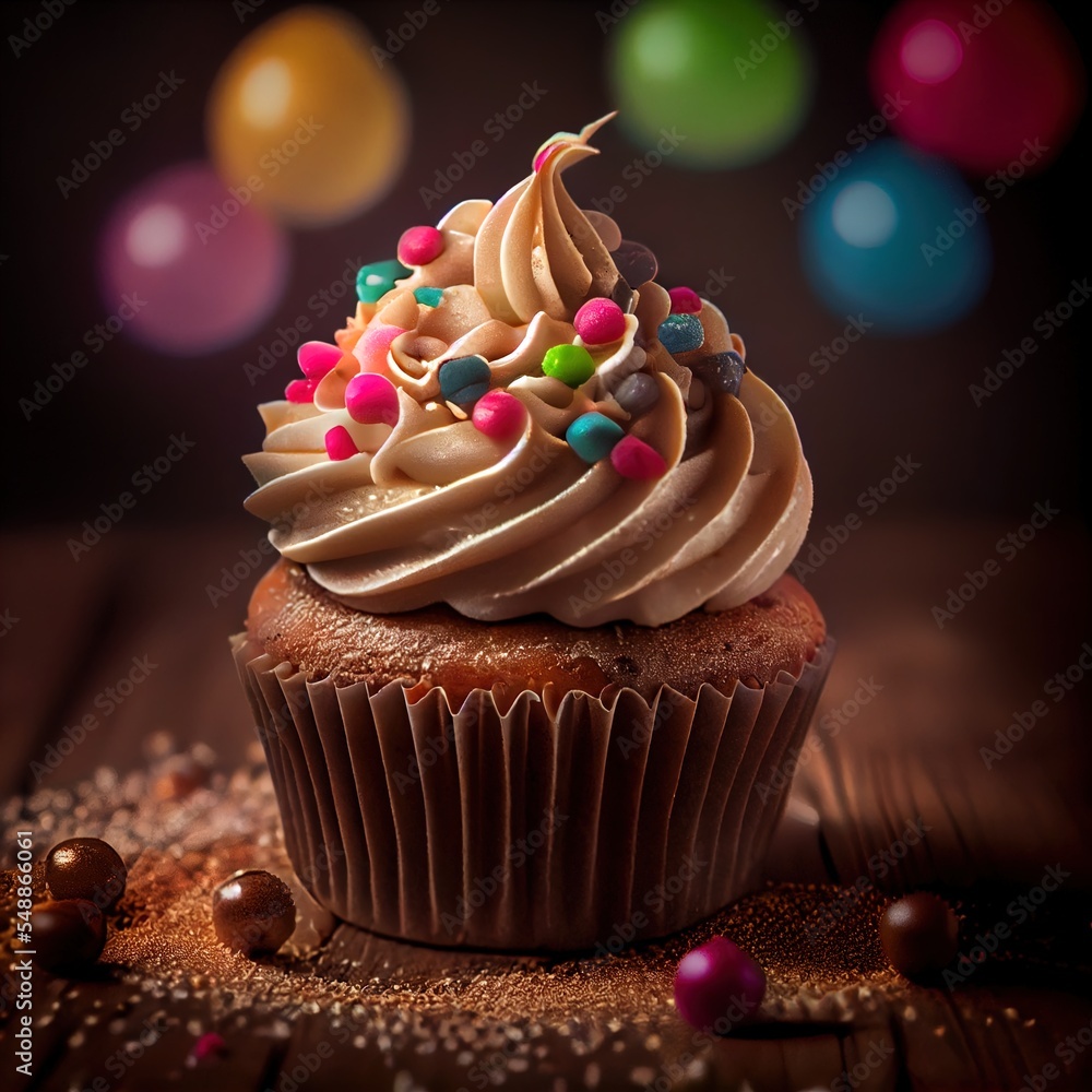 Poster a cupcake with white frosting and sprinkles on a table with a blurry background. a cupcake with whit