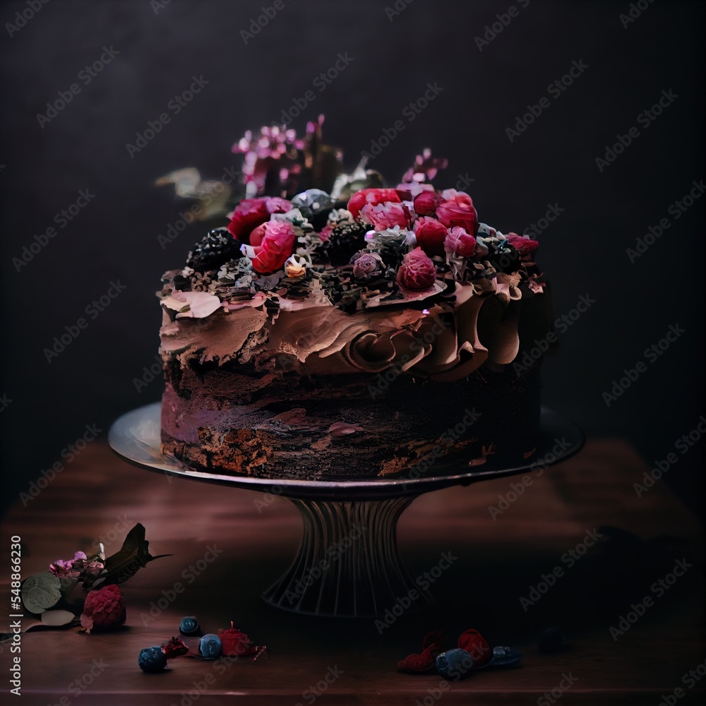 Aufkleber a chocolate cake with berries and chocolate frosting on a cake stand with a dark background and a sp
