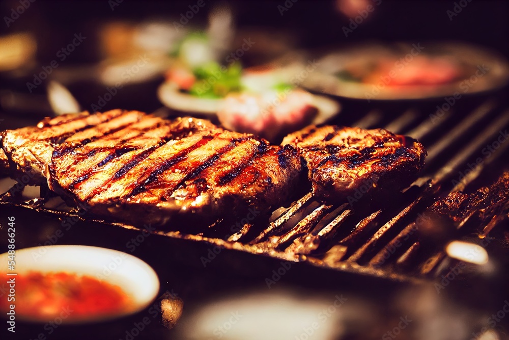 Poster a grill with some meat on it and some plates of food on the side of it and a bowl of sauce generativ
