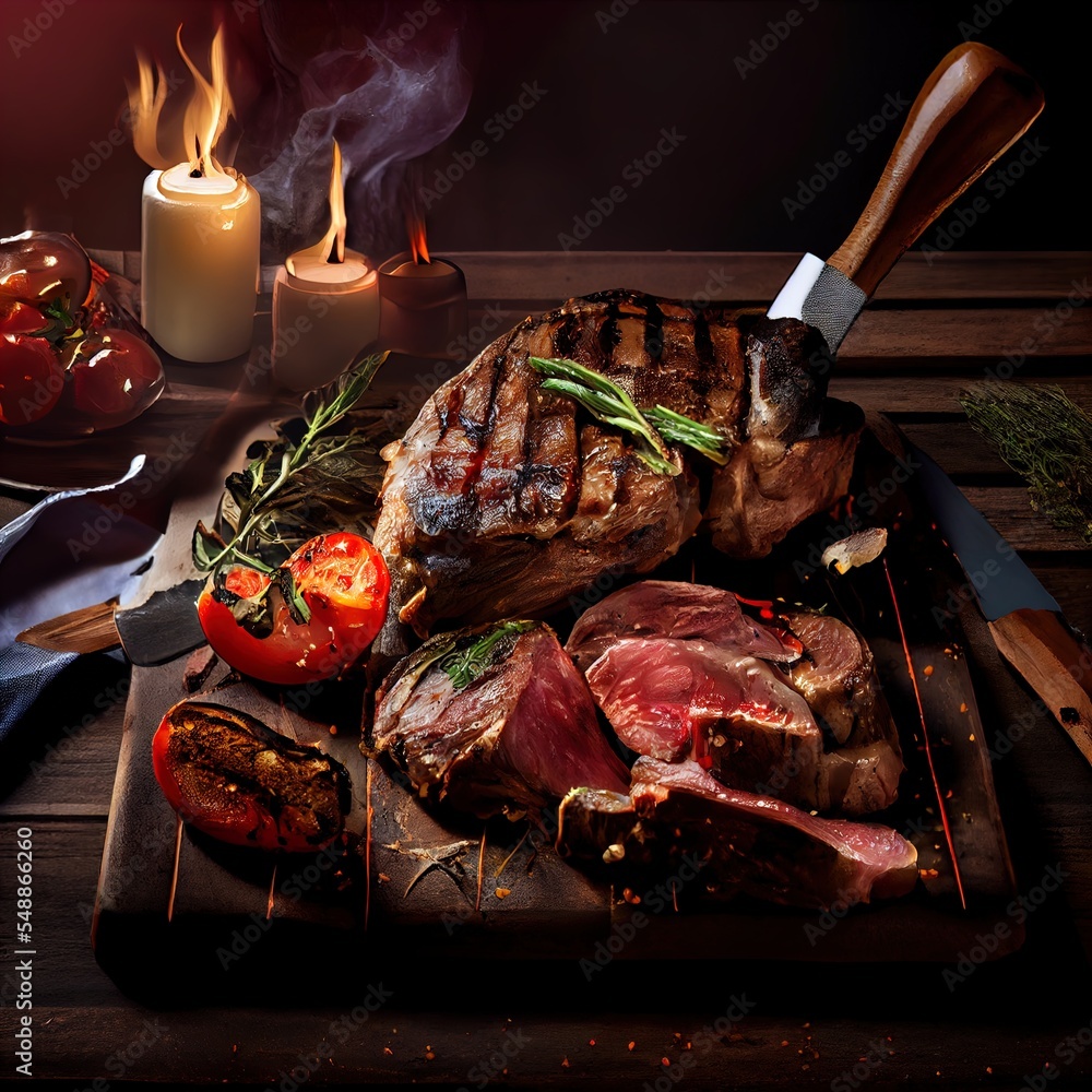 Poster a steak with a knife and some vegetables on a cutting board with a candle and a candlelight behind i