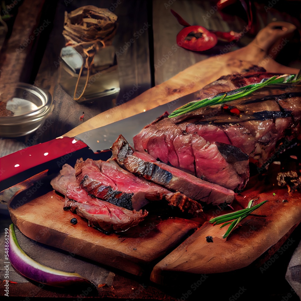 Poster a steak is sliced on a cutting board with a knife and a bowl of spices in the background on a wooden