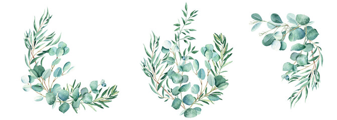Watercolor bouquets set. Eucalyptus, pistachio and olive branches. Hand drawn botanical illustration isolated on white background. Can be used for greeting cards, wedding and baby shower nvitations