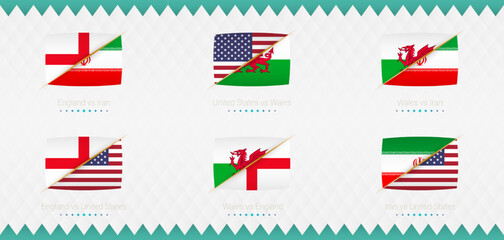 A set of Group B match icons of the 2022 international soccer tournament, the flag and a set of match icons on an abstract background.