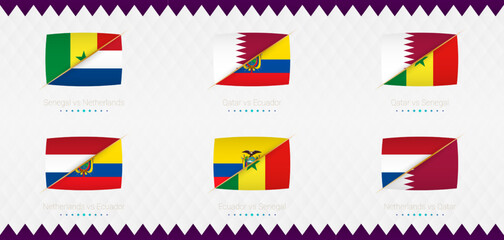 A set of Group A match icons of the 2022 international soccer tournament, the flag and a set of match icons on an abstract background.