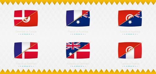 A set of Group D match icons of the 2022 international soccer tournament, the flag and a set of match icons on an abstract background.