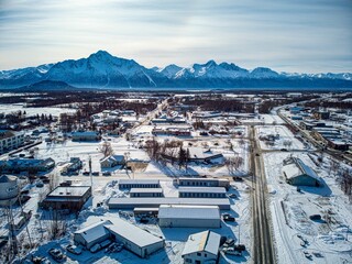 Aerial of downtown Palmer, Alaska