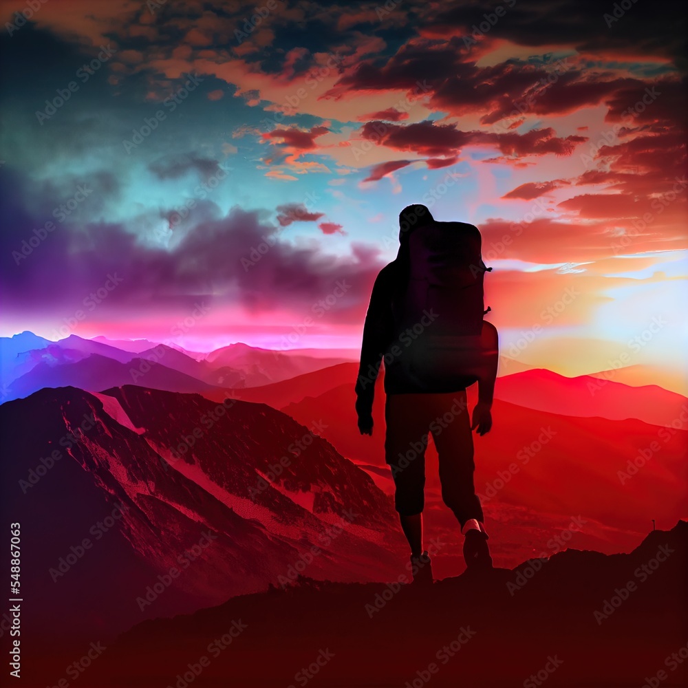 Poster a man with a backpack standing on a mountain top at sunset with a colorful sky in the background and