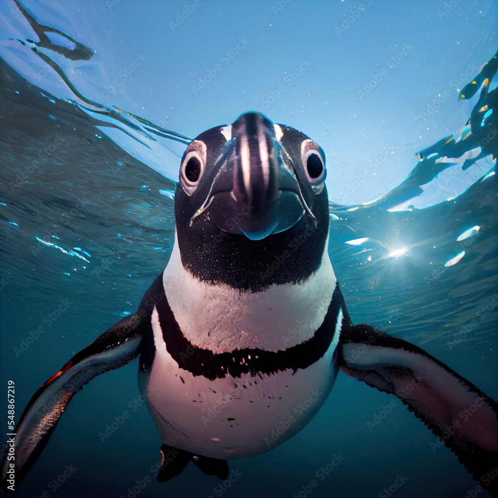 Poster a penguin swimming in the water with its eyes open and a smile on its face. a penguin swimming in th