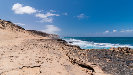 Hiking trail from La pared down to Playa Agua Tres Piedras, west coast, Fuerteventura, Canary Islands