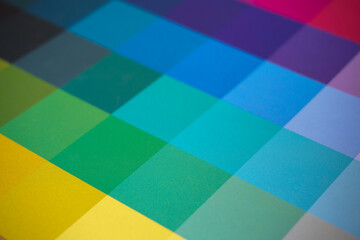 Close-up of Color Swatches or Paint Chips. Colour Theory Concept and Banner. Colourful Background. 