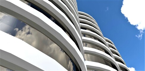 Bottom view of the contemporary apartment house facade built in elite district in Toronto. 3d rendering.