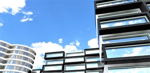 Popular fast developing region with newly built contemporary apartment houses. Good idea for real estate sale banner. 3d rendering.