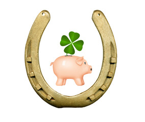 Symbolic picture, horseshoe with cloverleaf and piggy bank - 548867424