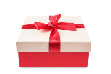 Red square gift box with a bow on a white isolated background