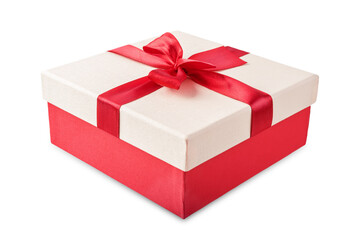 Obraz premium Red square gift box with a bow on a white isolated background