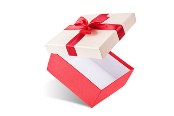 Red square gift box with a bow on a white isolated background