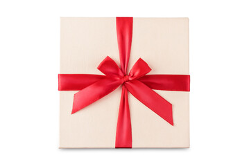 Red square gift box with a bow on a white isolated background