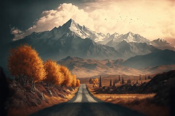 Fototapeta premium Autumn Themed Country Road With Mountain Range Concept